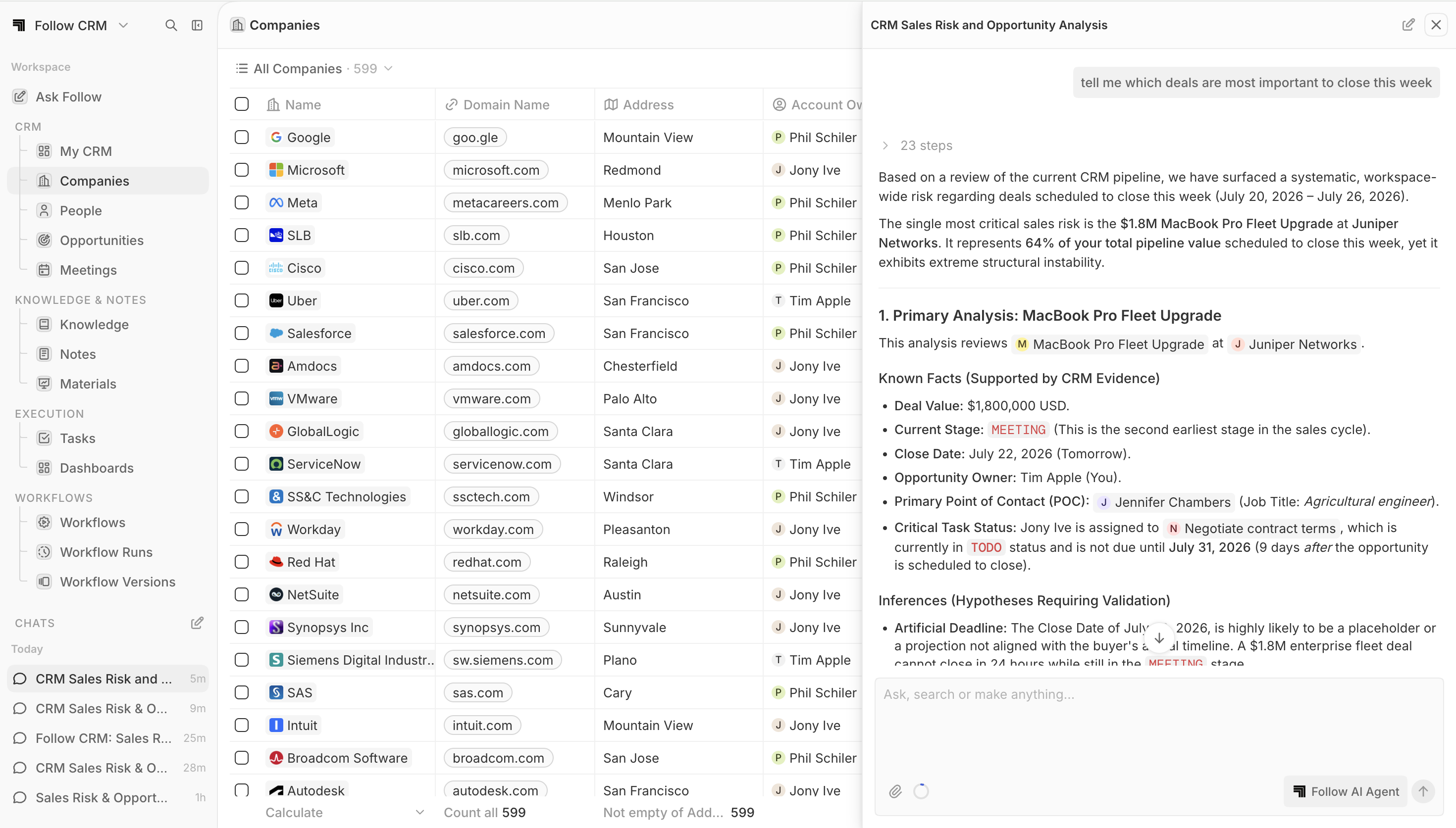 Follow company records beside an AI sales risk and opportunity analysis