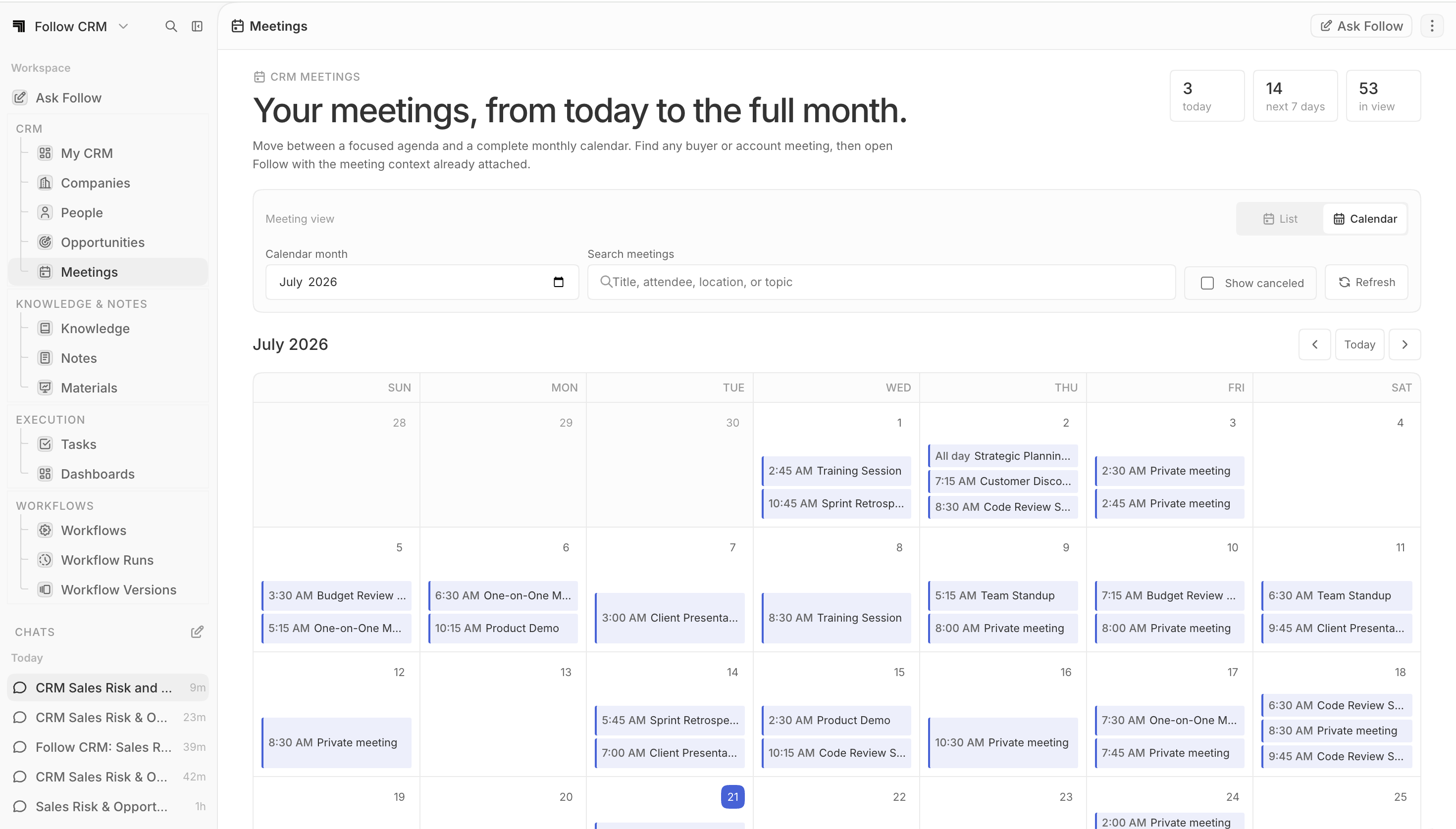 Follow meetings calendar showing customer and team meetings across a month