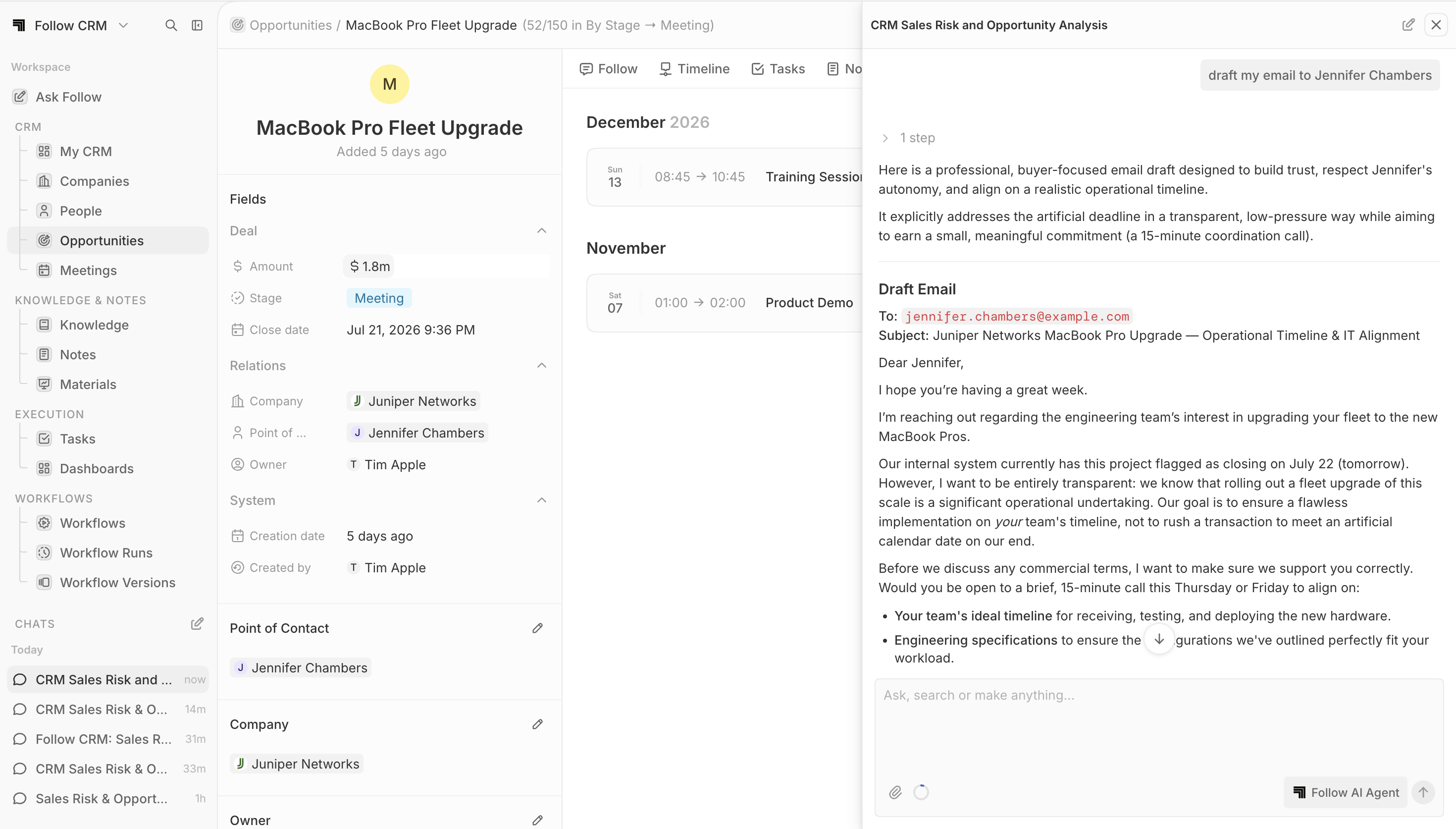 Follow opportunity record and timeline beside an AI-drafted buyer email