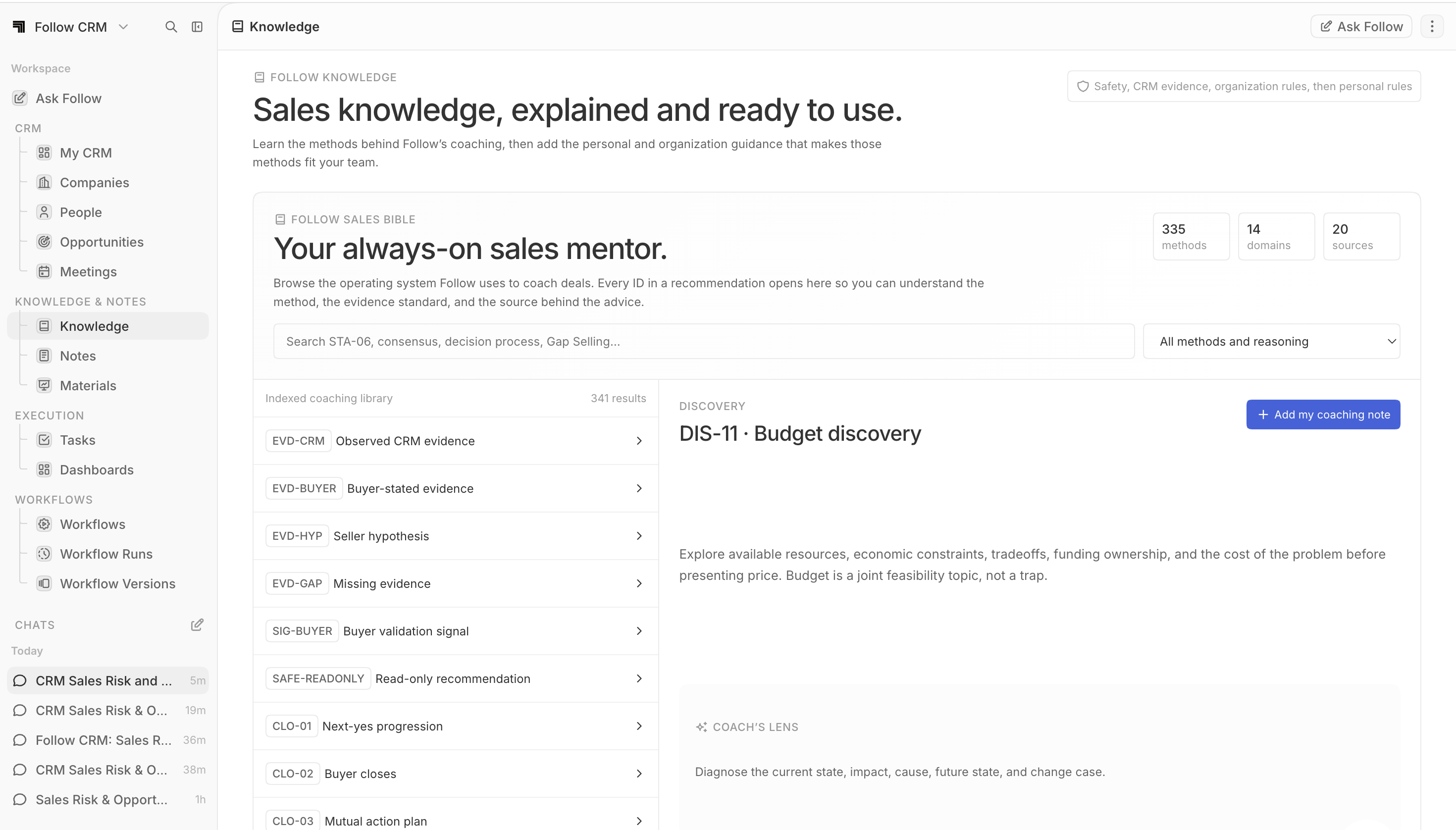 Follow sales knowledge library showing indexed coaching methods and budget discovery guidance